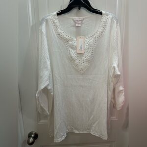 NWT Allison Daley White Textured Blouse with Rhinestones 2x Lagenlook